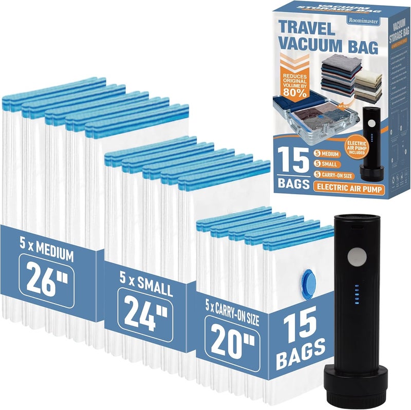 Roomimaster 15 Pack Travel Vacuum Storage Bags with Rechargeable Wireless Electric Pump, Travel Packing Bags for Luggage and Suitcase, Carry-on Size Compression Space Saver for Clothes and Clothing - Image 1